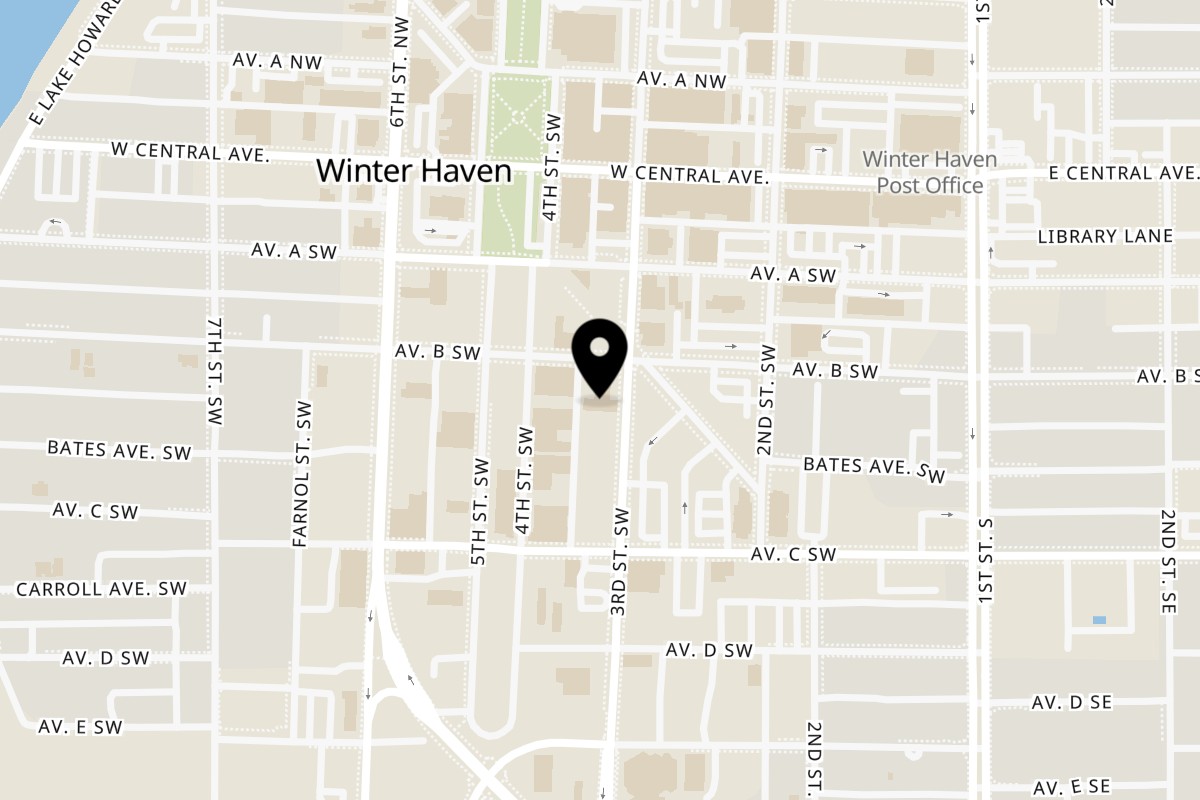 Map showing the location of Lucille's American Cafe on 205 3rd St SW in Winter Haven